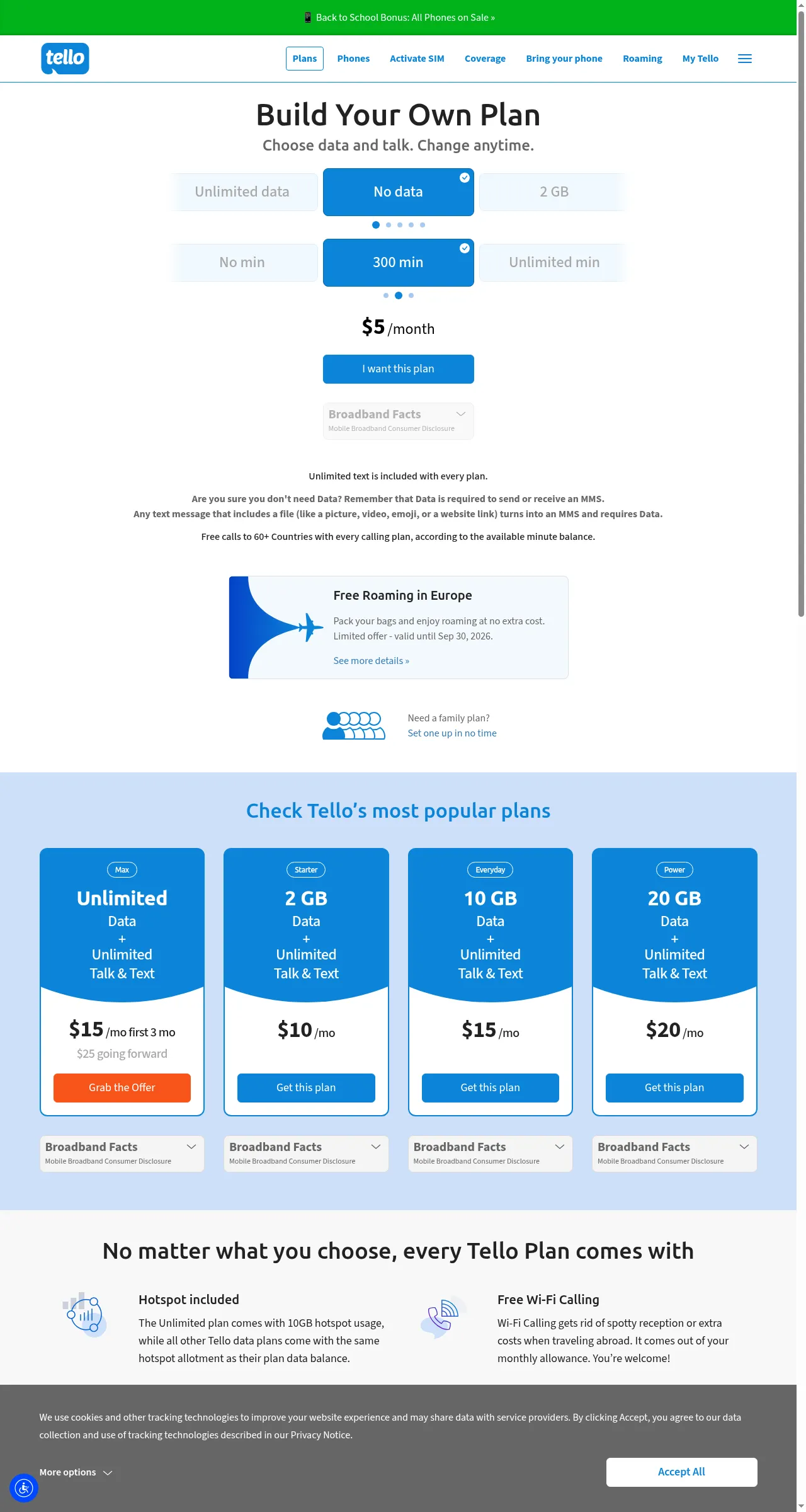 Tello 套餐页：No data + 300 min = $5/月