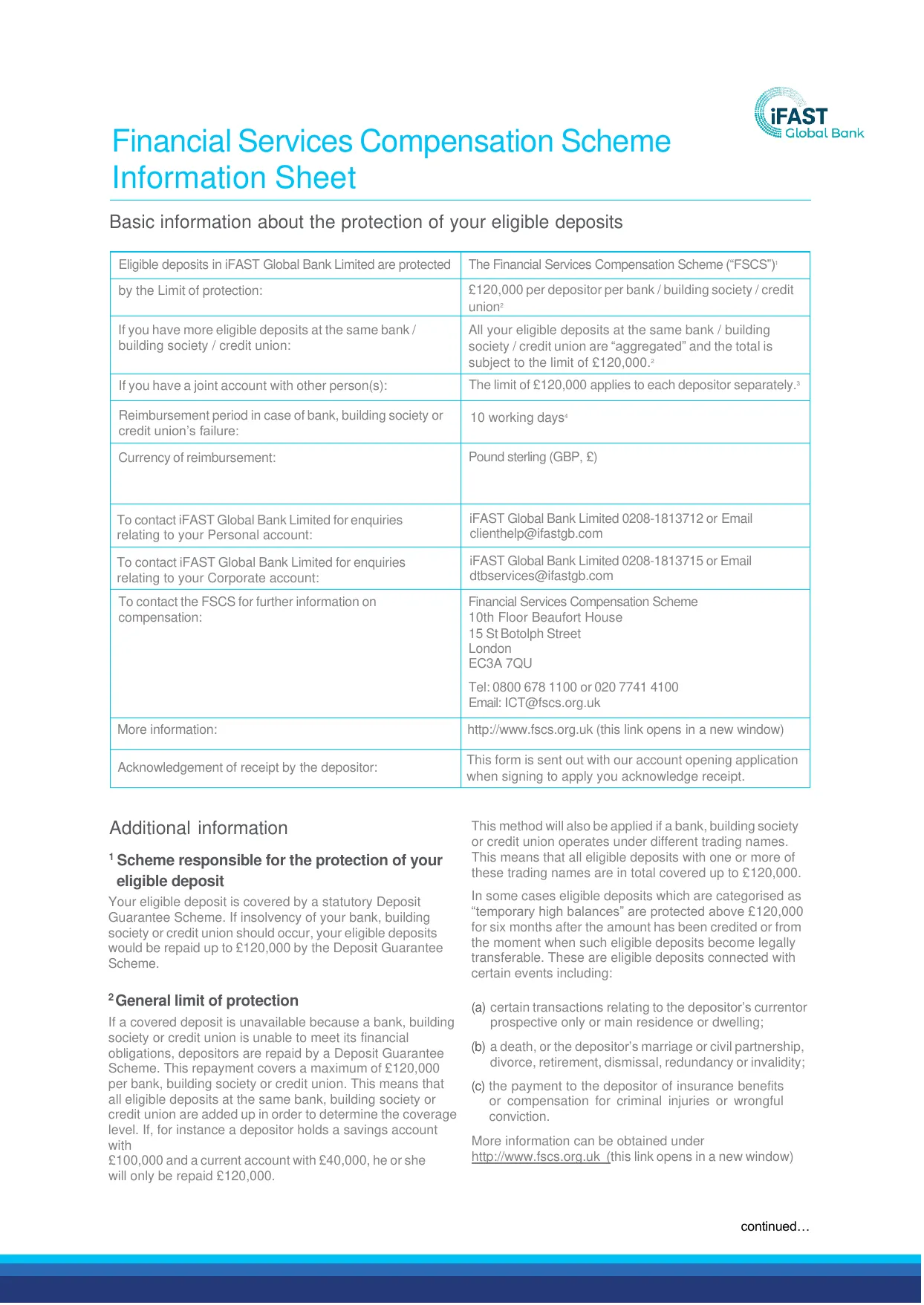 iFAST 官方 FSCS Information Sheet，保障上限 12 万英镑